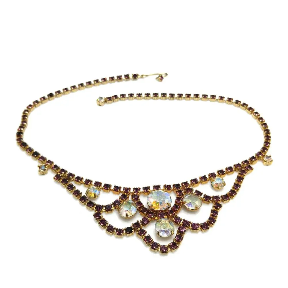 Vintage Purple AB Clear Rhinestone Choker Necklace, Gold Plated, Aurora Borealis